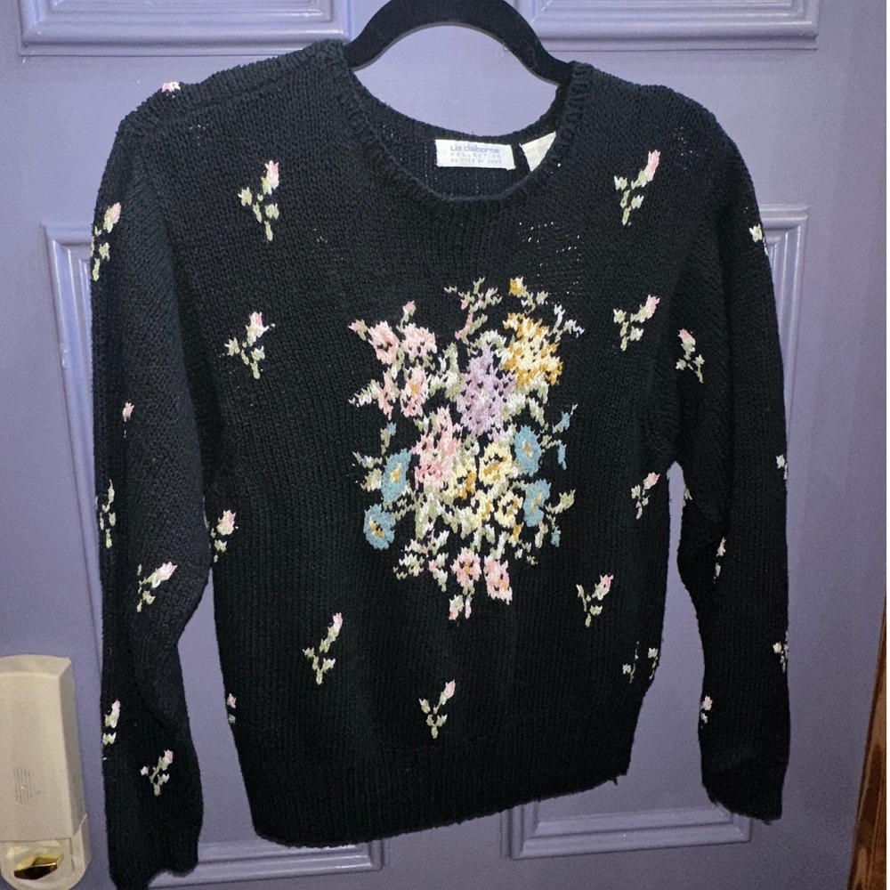 Vintage 90s Hand Knit Silk Cotton Black Spring Floral Sweater Grandma Cottage S